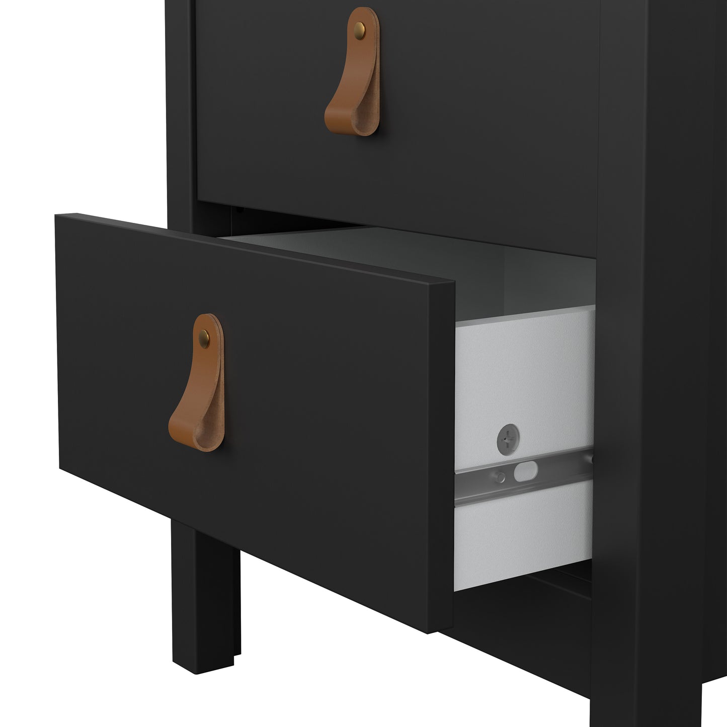 Harrow Bedside Table in Matt Black & Leather Tab Handles