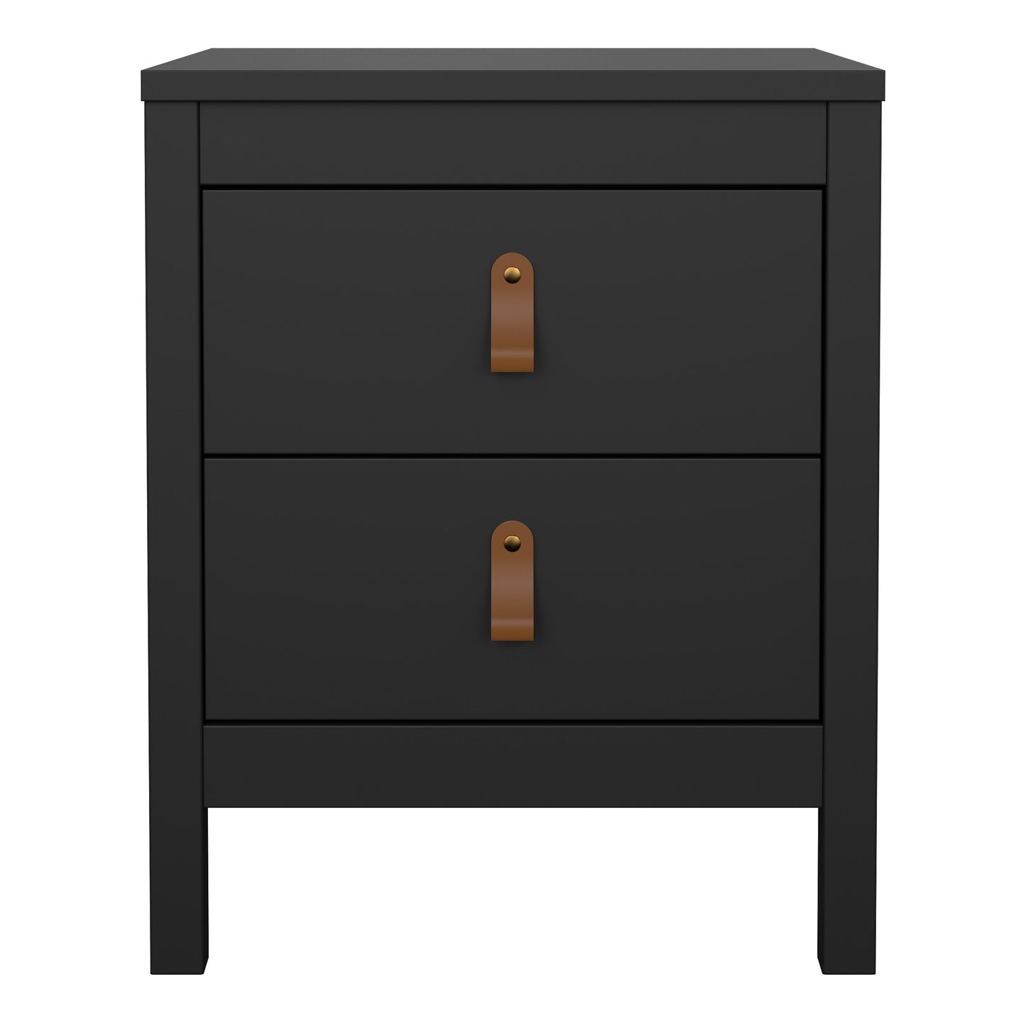 Harrow Bedside Table in Matt Black & Leather Tab Handles