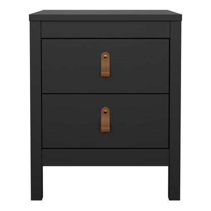 Harrow Bedside Table in Matt Black & Leather Tab Handles