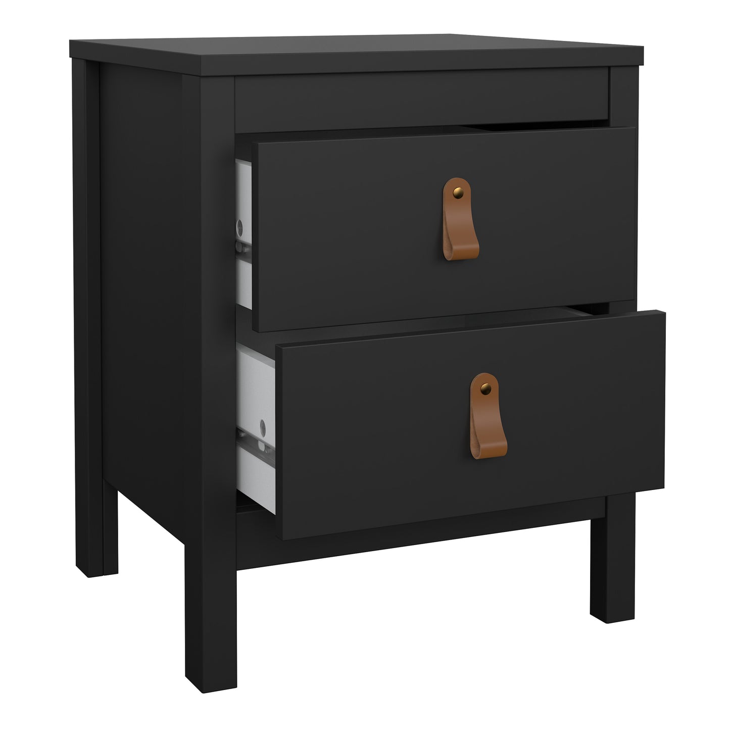 Harrow Bedside Table in Matt Black & Leather Tab Handles