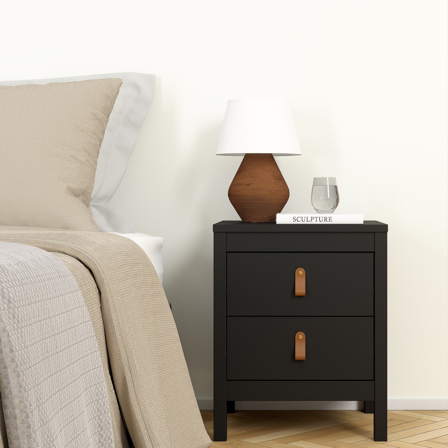 Harrow Bedside Table in Matt Black & Leather Tab Handles