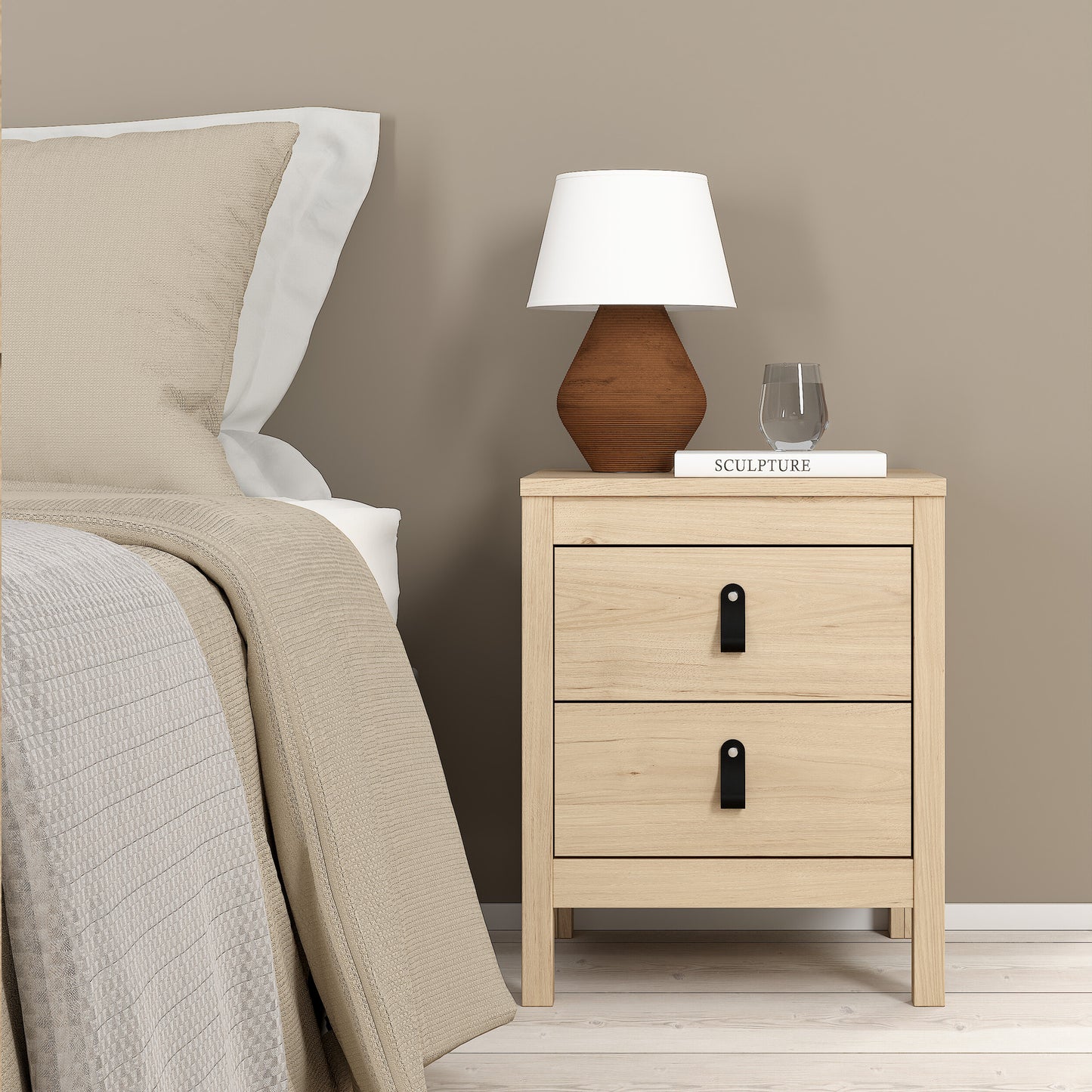 Harrow Bedside Table in Oak & Leather Tab Handles