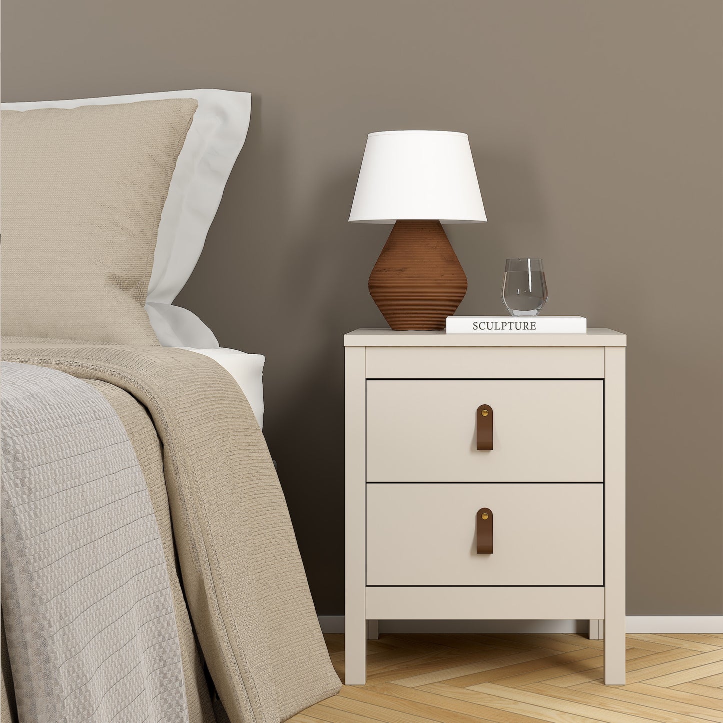 Harrow Bedside Table in Cashmere & Leather Tab Handles