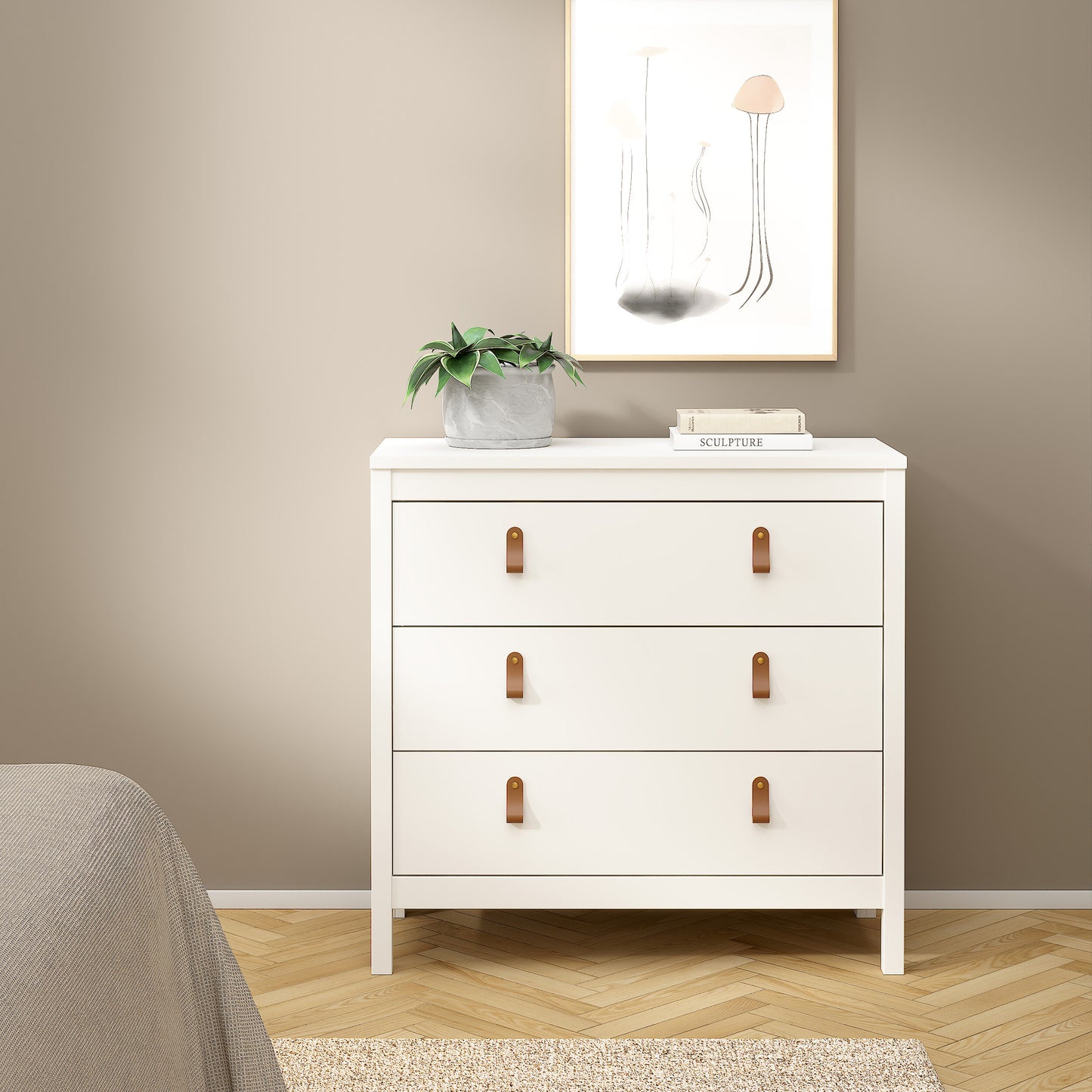 Harrow 3 Drawers Chest in White with Leather Tab Handles