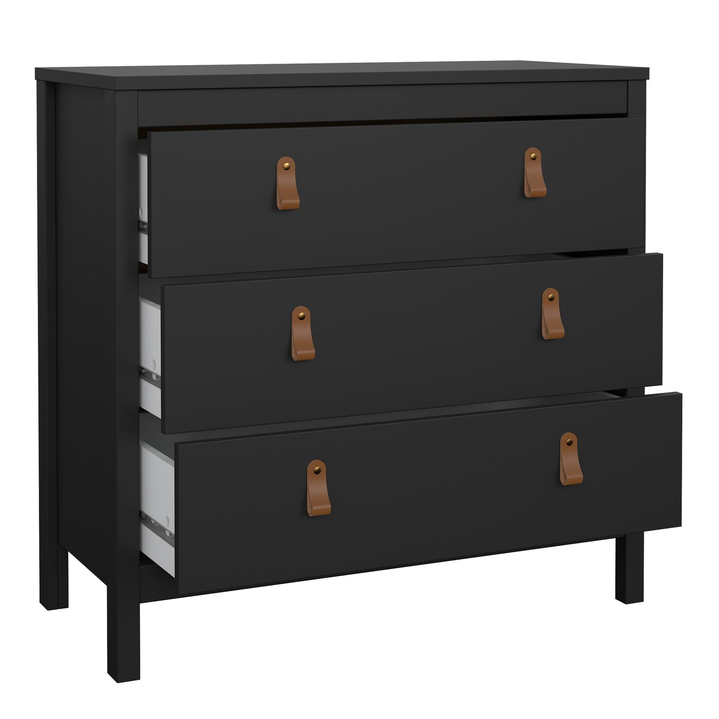 Harrow 3 Drawers Chest in Matt Black with Leather Tab Handles