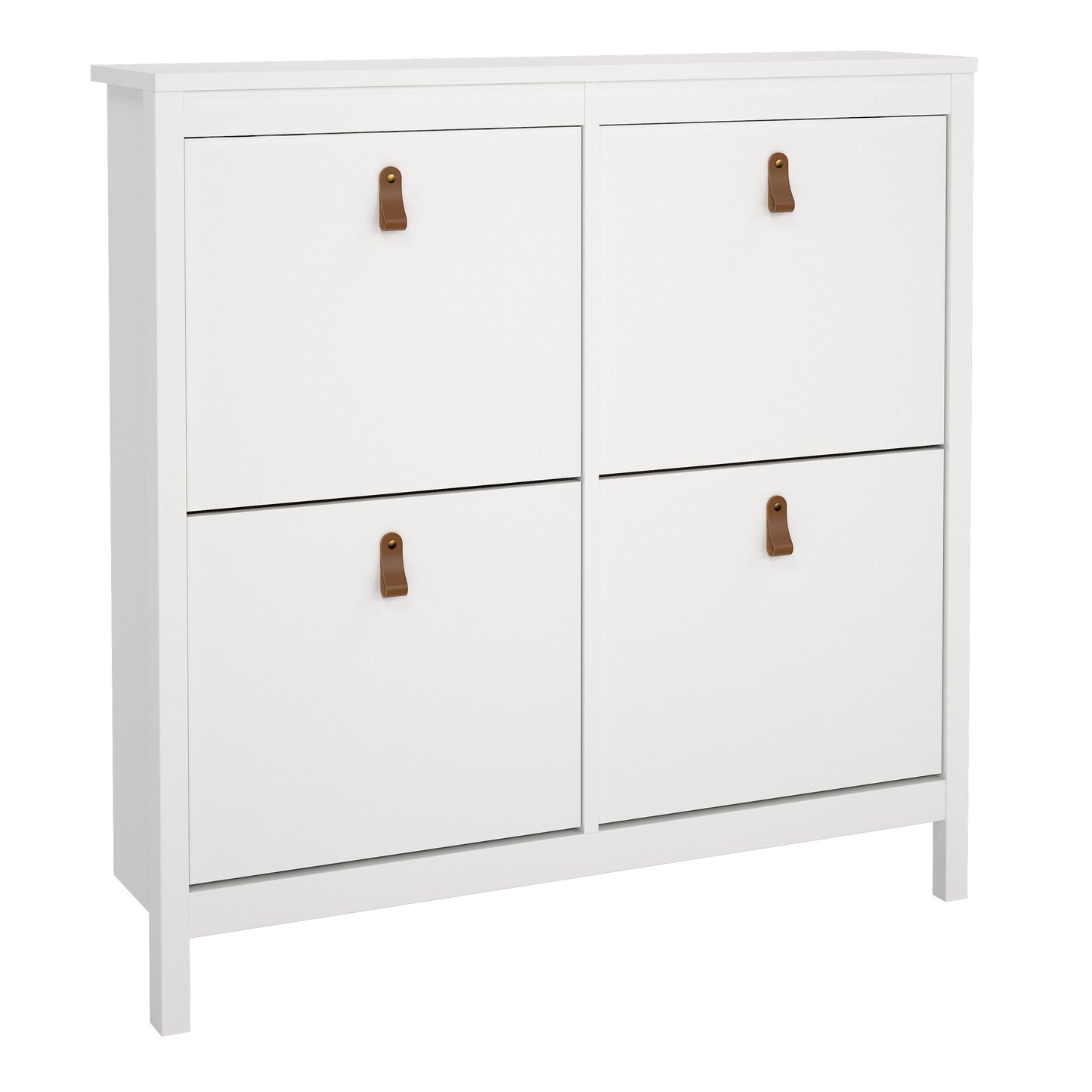 Harrow Shoe Cabinet 4 Flip Down Doors in White & Leather Tab Handles