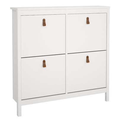 Harrow Shoe Cabinet 4 Flip Down Doors in White & Leather Tab Handles