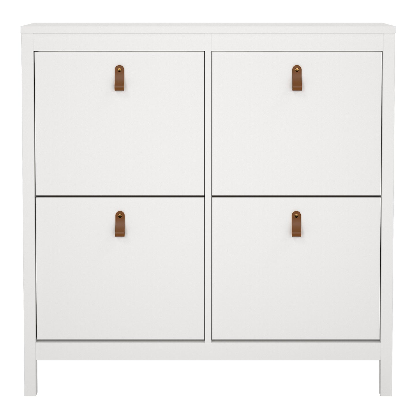 Harrow Shoe Cabinet 4 Flip Down Doors in White & Leather Tab Handles