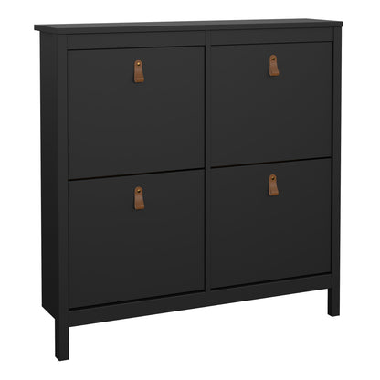 Harrow Shoe Cabinet 4 compartments in Matt Black & Leather Tab Handles