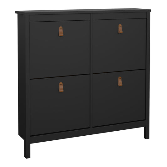 Harrow Shoe Cabinet 4 compartments in Matt Black & Leather Tab Handles