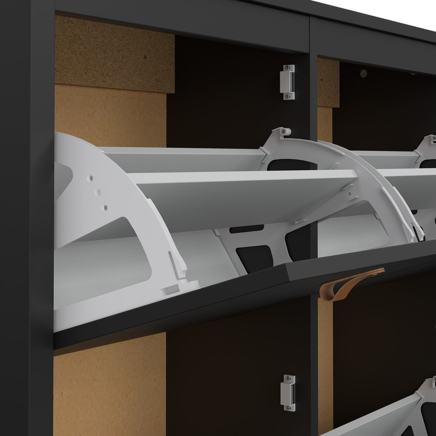 Harrow Shoe Cabinet 4 compartments in Matt Black & Leather Tab Handles