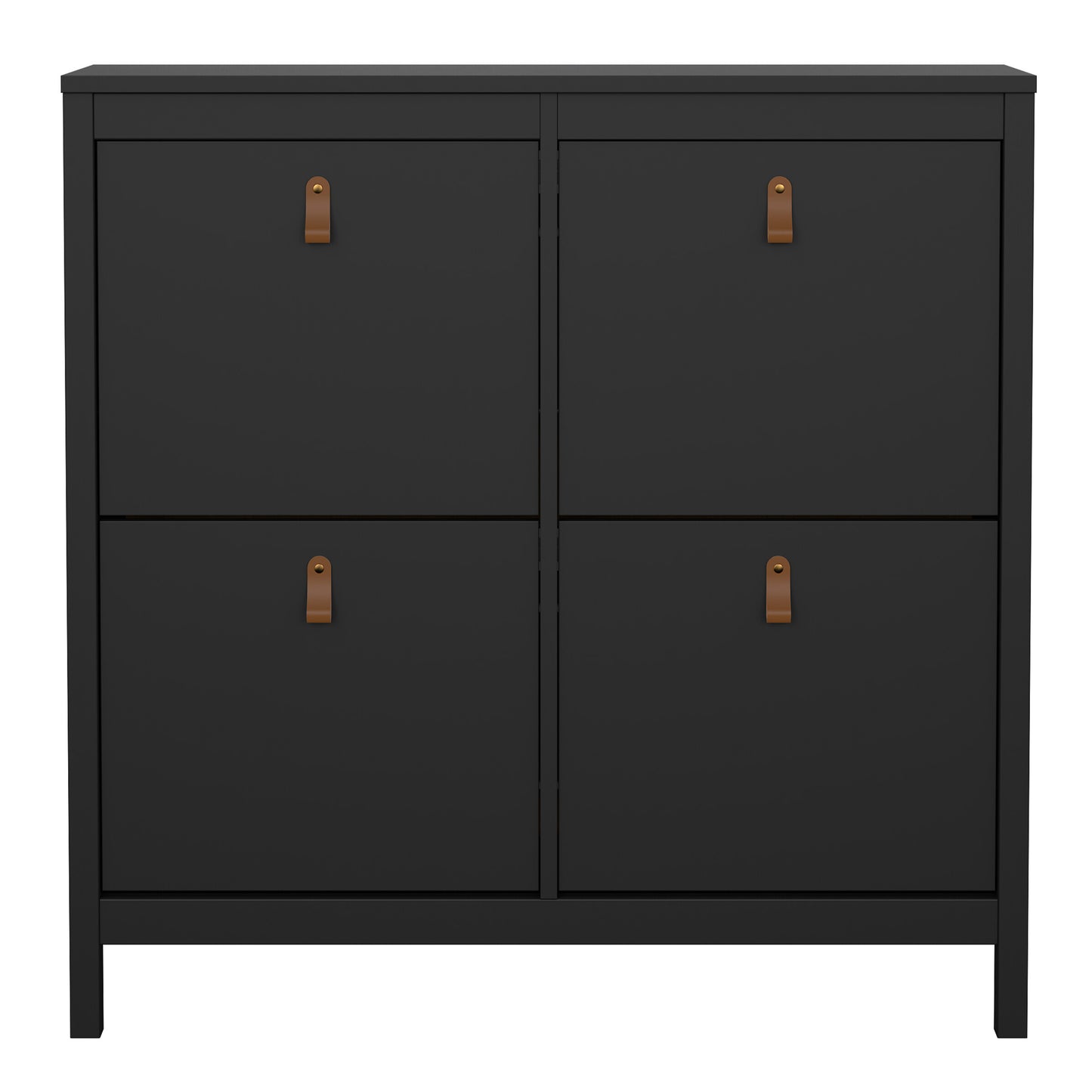 Harrow Shoe Cabinet 4 compartments in Matt Black & Leather Tab Handles