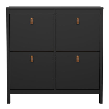 Harrow Shoe Cabinet 4 compartments in Matt Black & Leather Tab Handles