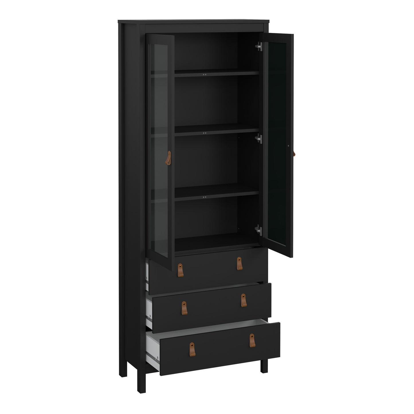 Harrow China Cabinet in Matt Black & Leather Tab Handles