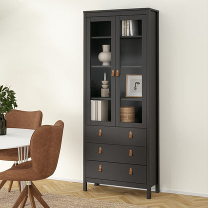 Harrow China Cabinet in Matt Black & Leather Tab Handles