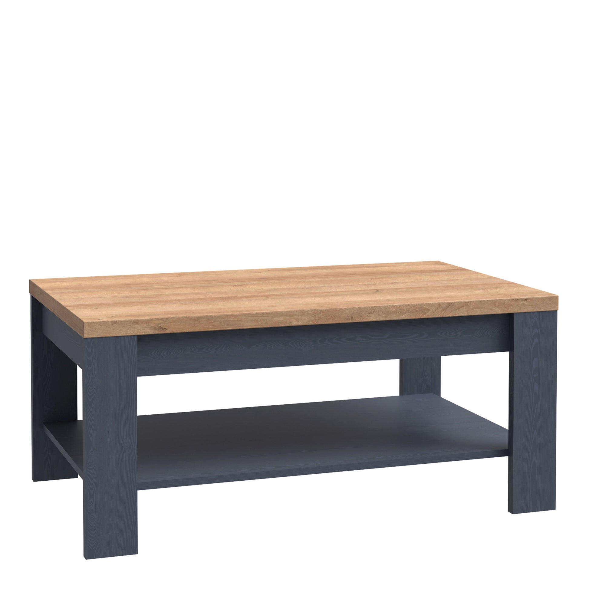 Coffee table with wooden top and dark blue base