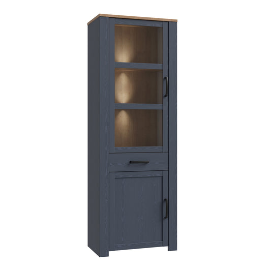 Bohol Narrow Display Cabinet with LED Lights in Navy Riviera Oak
