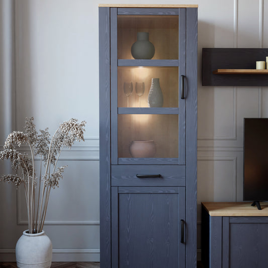Bohol Narrow Display Cabinet with LED Lights in Navy Riviera Oak