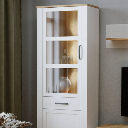 Bohol Narrow Display Cabinet with LED Lights in White Riviera Oak