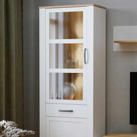 Bohol Narrow Display Cabinet with LED Lights in White Riviera Oak