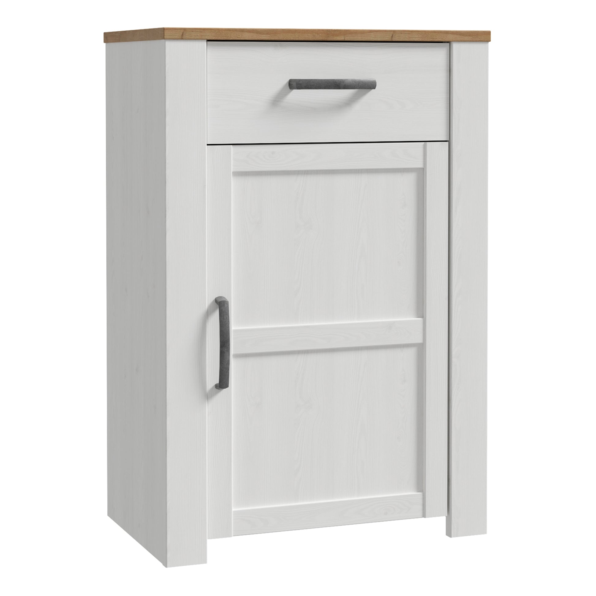 White shoe cabinet with a wooden top