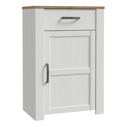 White shoe cabinet with a wooden top