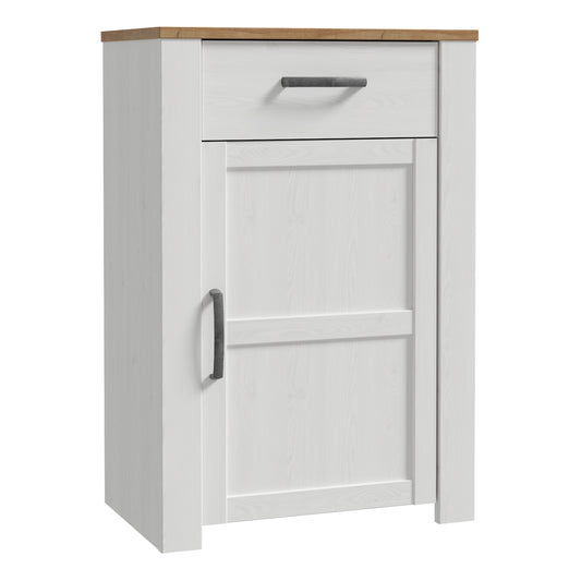 White shoe cabinet with a wooden top