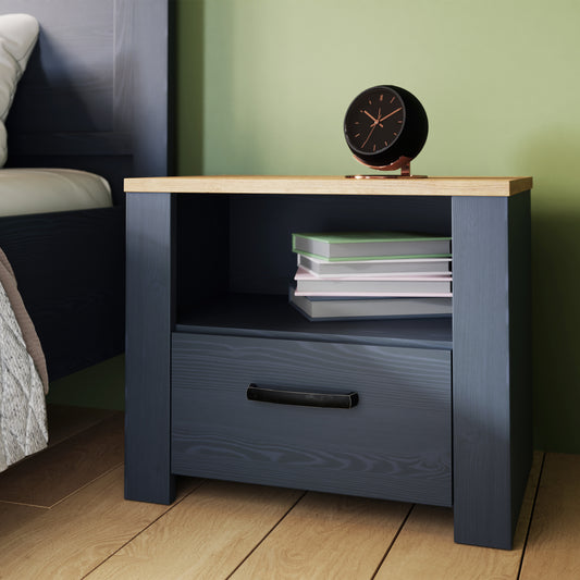 Bohol 1 Drawer Bedside in Navy/Riviera Oak
