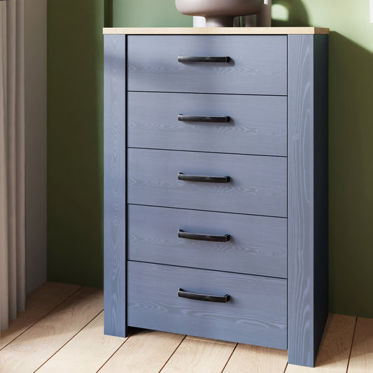 Bohol 5 Drawer Narrow Chest in Navy/Riviera Oak