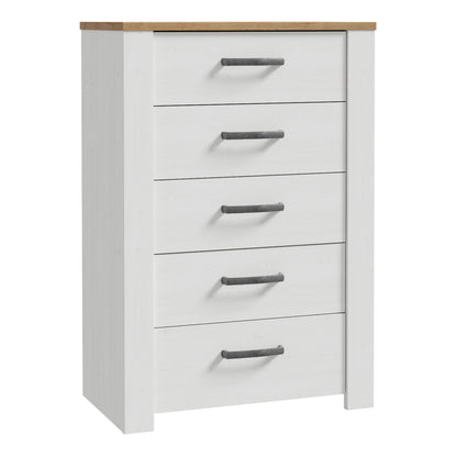 Bohol 5 Drawer Narrow Chest in White/Riviera Oak
