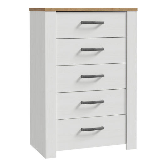 Bohol 5 Drawer Narrow Chest in White/Riviera Oak