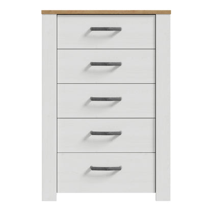 Bohol 5 Drawer Narrow Chest in White/Riviera Oak