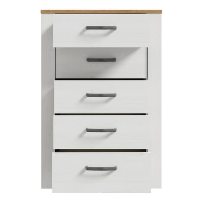 Bohol 5 Drawer Narrow Chest in White/Riviera Oak
