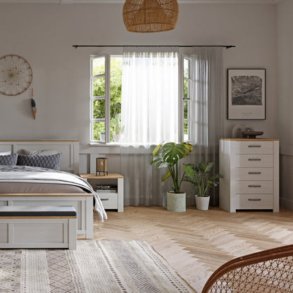Bohol 5 Drawer Narrow Chest in White/Riviera Oak