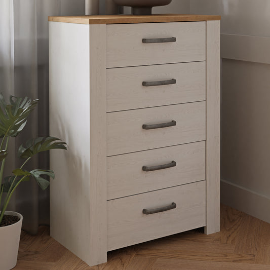Bohol 5 Drawer Narrow Chest in White/Riviera Oak