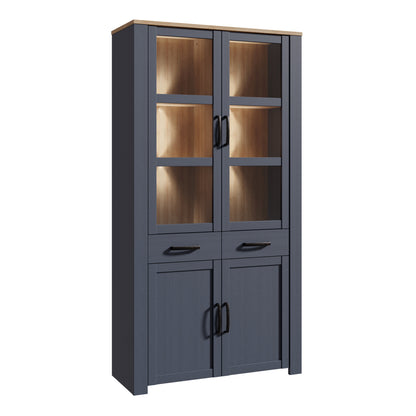 Bohol Display Cabinet 4 Door 2 Drawers in Navy/Riviera Oak with LED Lighting