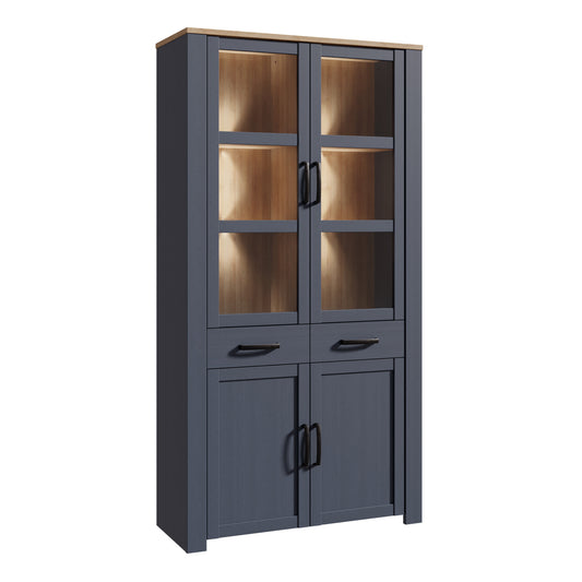 Bohol Display Cabinet 4 Door 2 Drawers in Navy/Riviera Oak with LED Lighting