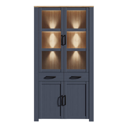 Bohol Display Cabinet 4 Door 2 Drawers in Navy/Riviera Oak with LED Lighting