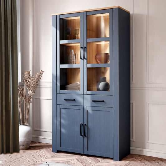 Bohol Display Cabinet 4 Door 2 Drawers in Navy/Riviera Oak with LED Lighting