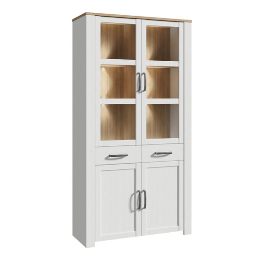 Bohol Display Cabinet 4 Door 2 Drawers in White/Riviera Oak with LED Lighting