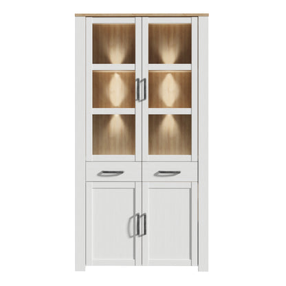 Bohol Display Cabinet 4 Door 2 Drawers in White/Riviera Oak with LED Lighting