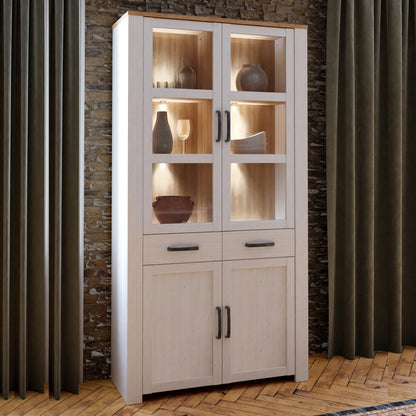 Bohol Display Cabinet 4 Door 2 Drawers in White/Riviera Oak with LED Lighting