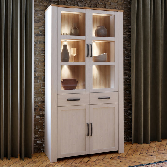 Bohol Display Cabinet 4 Door 2 Drawers in White/Riviera Oak with LED Lighting