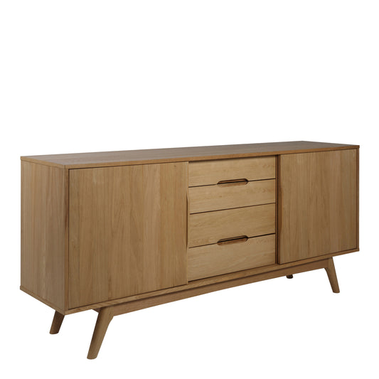 Oiled oak wood sideboard with black angled legs, integrated handles, and ample storage.