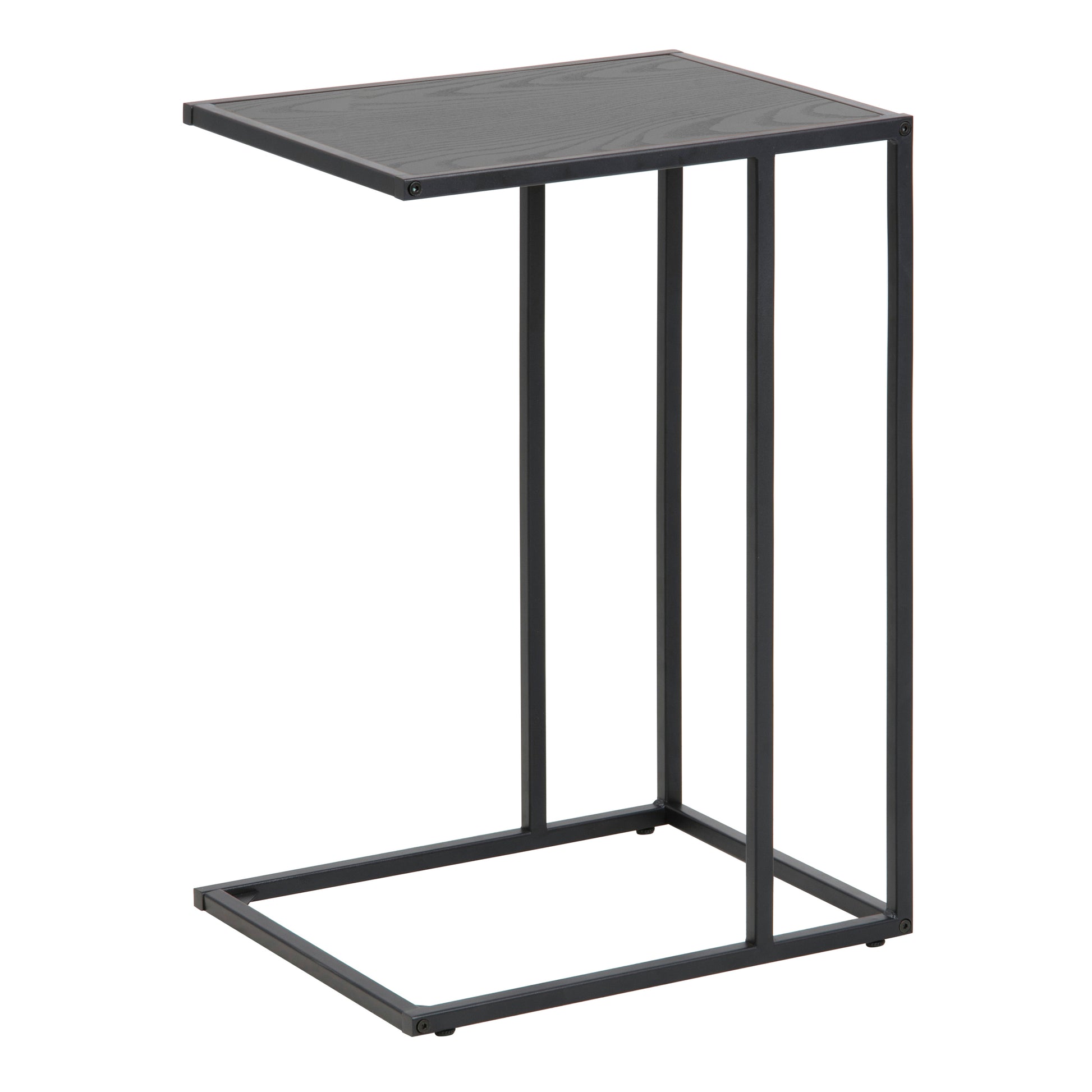 Black metal side table with wooden top