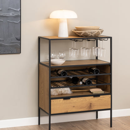 Seaford Cabinet with bottle rack, and glass holder in Black and Oak