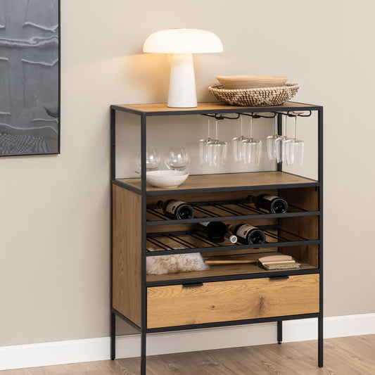 Seaford Cabinet with bottle rack, and glass holder in Black and Oak