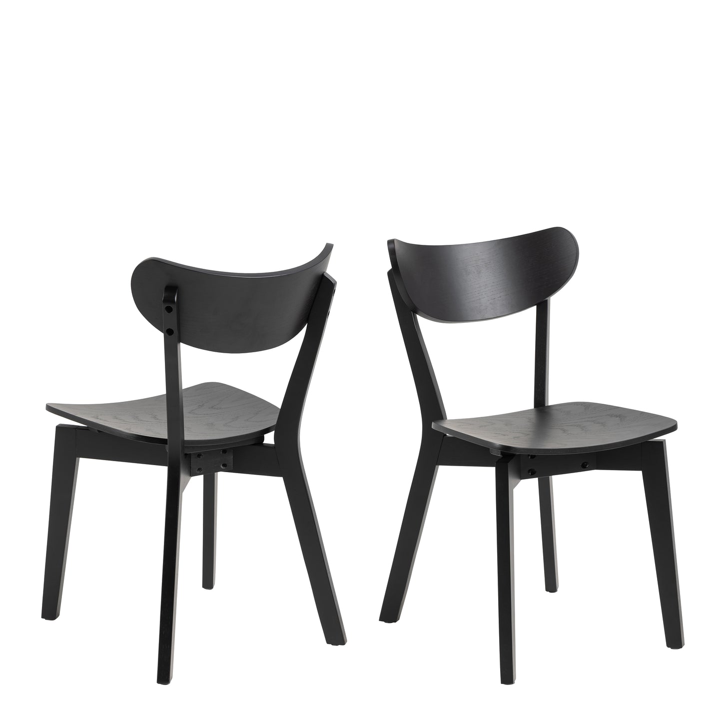 Elegant black Roxby dining chair with lacquered oak veneer seat and wooden legs.