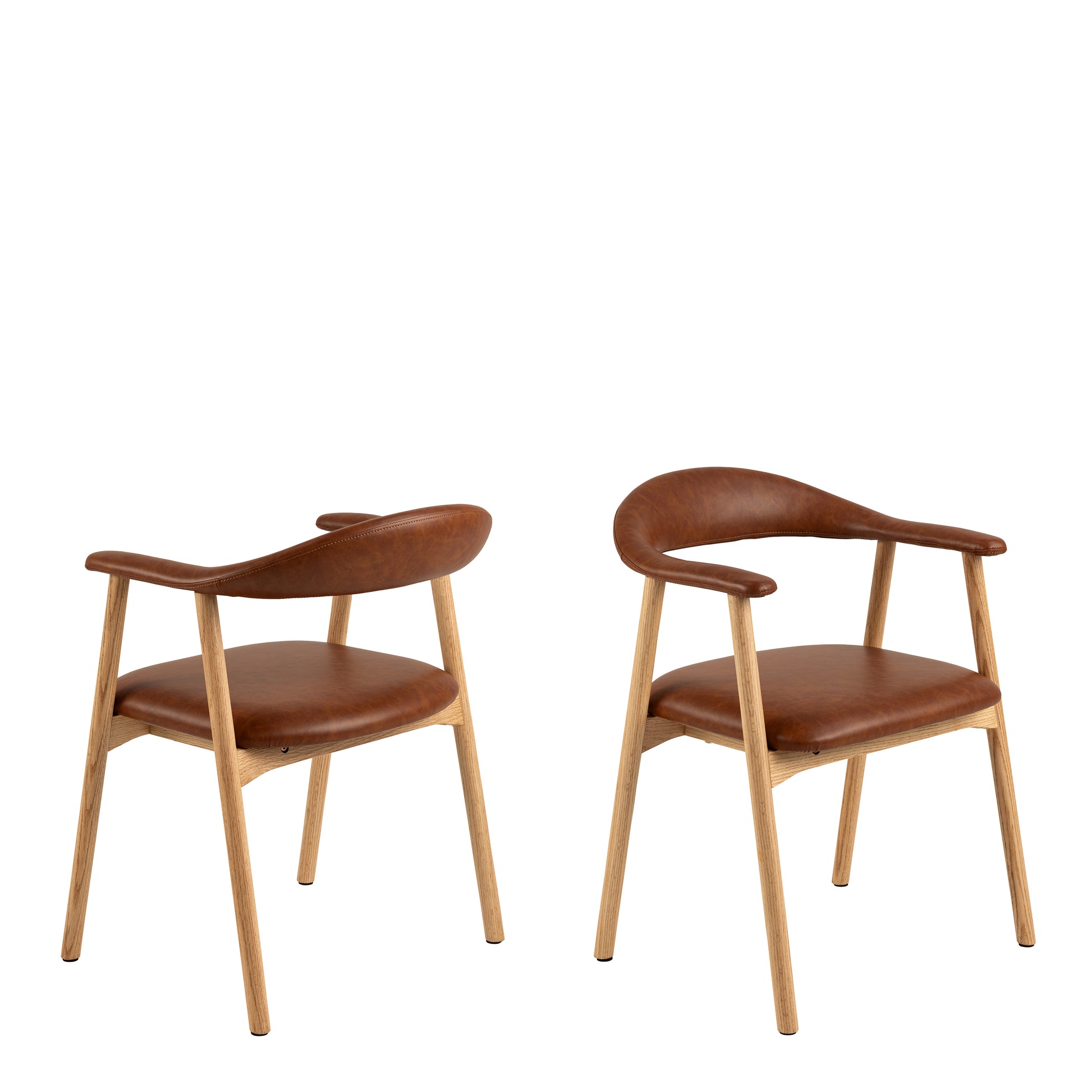 Stylish dining chair with a curved backrest and seat upholstered in rich brown leather, supported by a light oak wooden frame