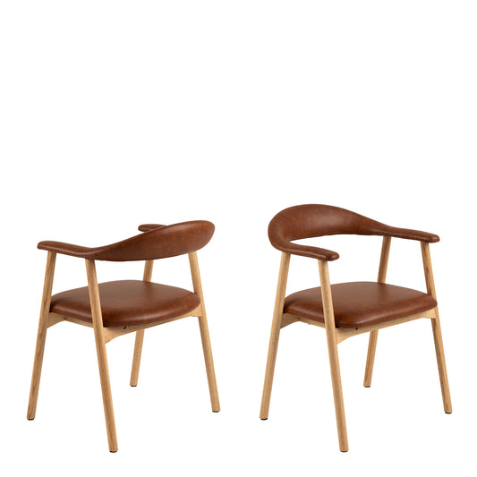 Stylish dining chair with a curved backrest and seat upholstered in rich brown leather, supported by a light oak wooden frame